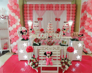 Decoração Chá de Bebê Minnie Rosa Com Duas Mesas