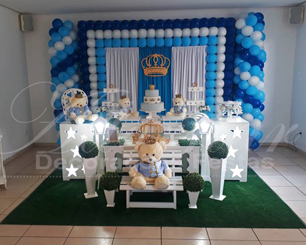 Decoração Chá de Bebê Principe Urso Azul Claro Azul Escuro e Branco Com Duas Mesas