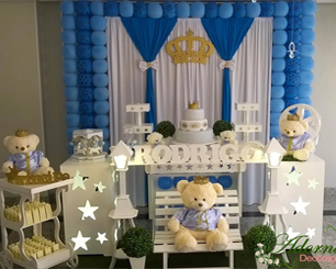 Decoração Chá de Bebê Príncipe Urso Azul Claro e Azul Escuro Com Bolinhas e 1 Mesa Colmeia