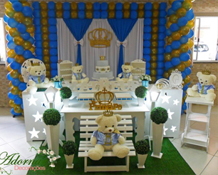 Decoração Chá de Bebê Príncipe Urso Azul e Dourado Com 2 Mesas