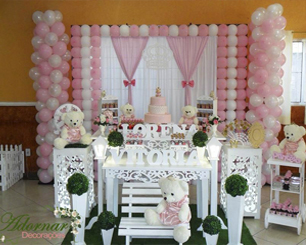 Decoração Infantil Princesa Ursa Rosa e Branco Com Duas Mesas